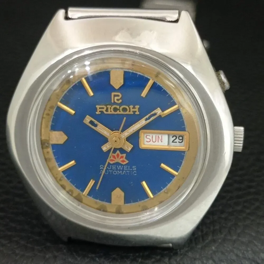 Vintage 1977 Ricoh Automatic Mens Silver Watch W/daydate & Gold accents